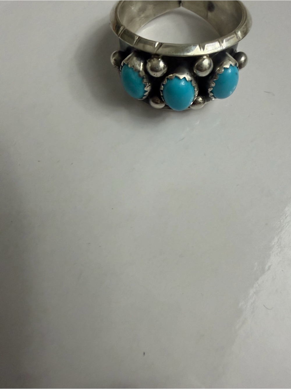 Native  Sleeping Beauty turquoise  Three-Stone Band Ring - Picture 2 of 5